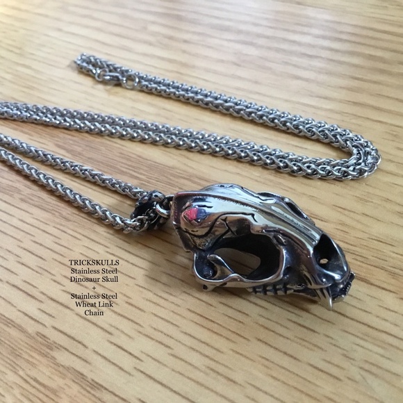 Sabre-Toothed Tiger Smilodon Big Cat Dinosaur Skull Stainless Pendant & Chain - Picture 13 of 13